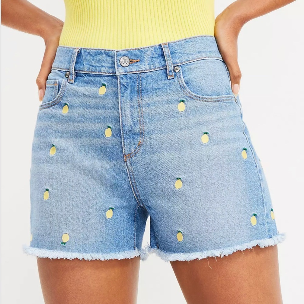 Loft Lemon Embroidered Denim Cut Off Jean Shorts 31